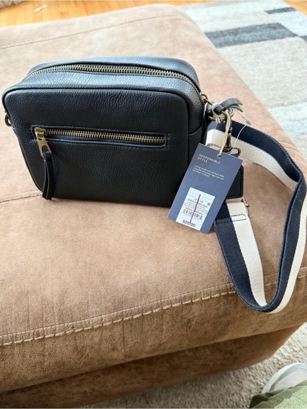 Black Crossbody Bag with Striped Adjustable Strap